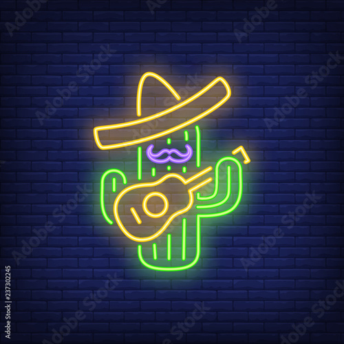 Cactus wearing sombrero and playing guitar neon sign. Mexican culture design. Night bright neon sign, colorful billboard, light banner. Vector illustration in neon style.