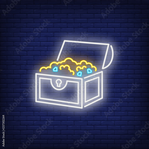Chest with treasures neon sign. Pirates and adventure design. Night bright neon sign, colorful billboard, light banner. Vector illustration in neon style.
