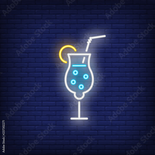 Cocktail glass with straw and lime neon sign. Bar and party advertisement design. Night bright neon sign, colorful billboard, light banner. Vector illustration in neon style.