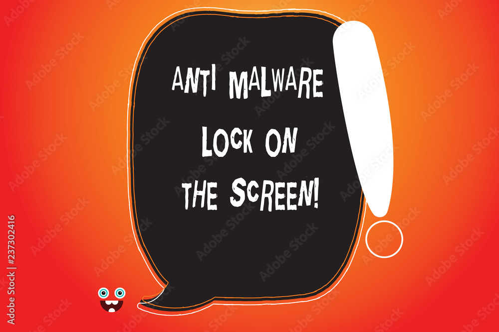 Handwriting text writing Anti Malware Lock On The Screen. Concept meaning Security safety against malware hacking Blank Color Speech Bubble Outlined with Exclamation Point Monster Face icon Handwriting text writing Anti Malware Lock On The Screen. Concept meaning Security safety against malware hacking Blank Color Speech Bubble Outlined with Exclamation Point Monster Face icon