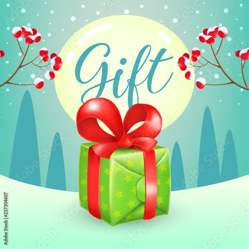 Christmas poster design. Green gift box with red ribbon, spurs with berries, text on full moon and winter landscape in background. Illustration can be used for banners, flyer, greeting cards