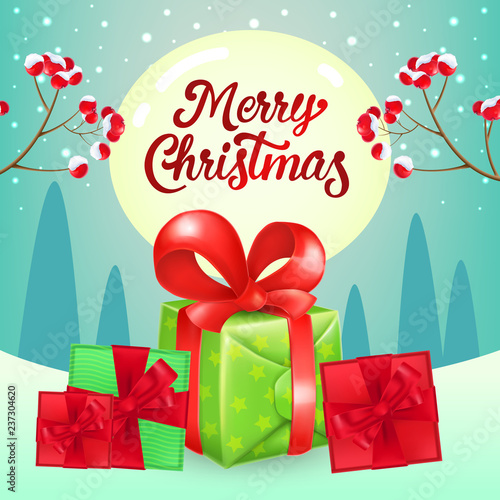Christmas poster design. Pile of gifts with red ribbons, spurs with berries, text on full moon and winter landscape in background. Illustration can be used for banners, flyer, greeting cards