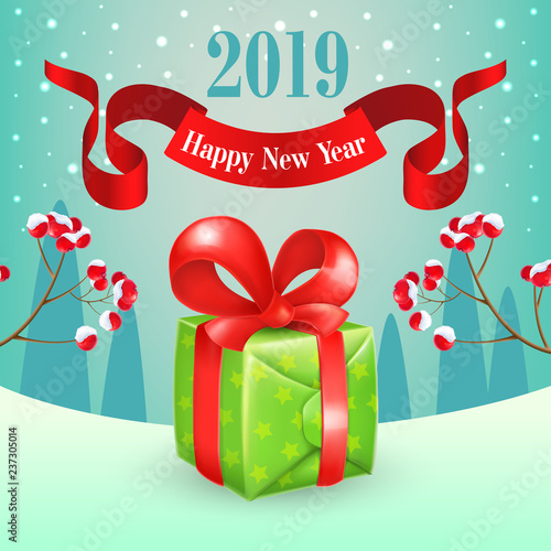 New Year poster design. Green gift box with red ribbon, spurs with berries, text on full moon and winter landscape in background. Illustration can be used for banners, flyer, greeting cards