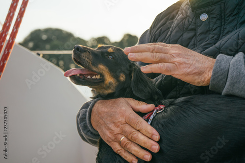 Old Man Stroking a Dog on a Sailboat.  photo