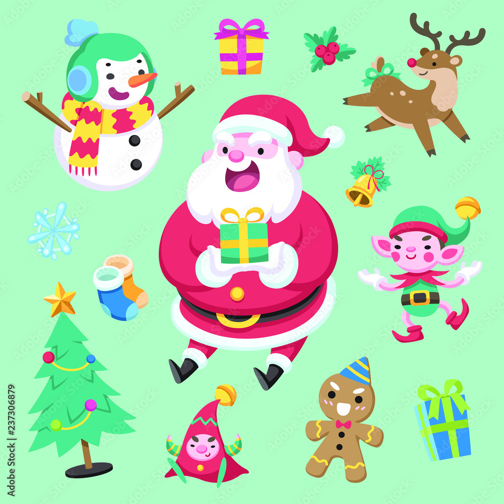 Flat cute style colorful christmas character and element on green background vector illustration