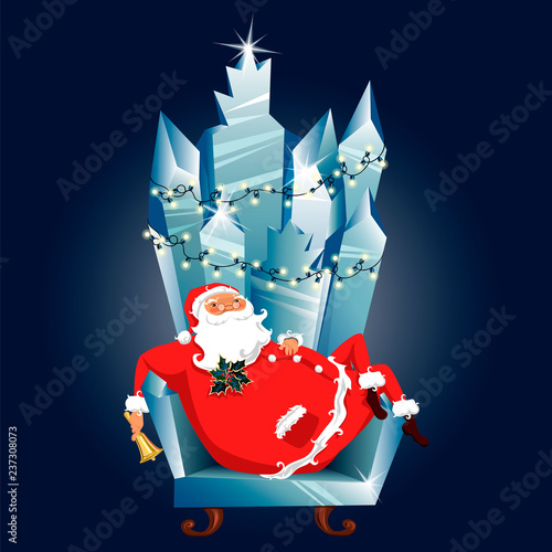 Santa Claus in the ice chair. throne of ice. fabulous Christmas illustration