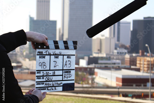 Film clapper board behind the scenes