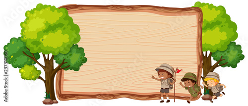 Camping kids on wooden banner