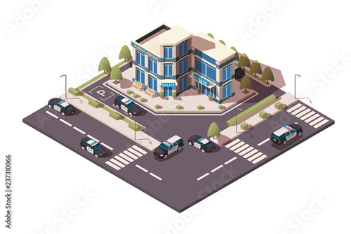 Police station with sedan and jeep car, parking in working day.