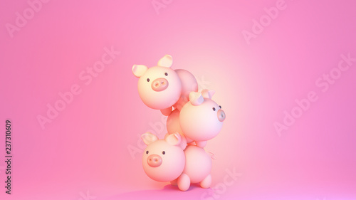 3d rendering picture of cute pigs on pink background.