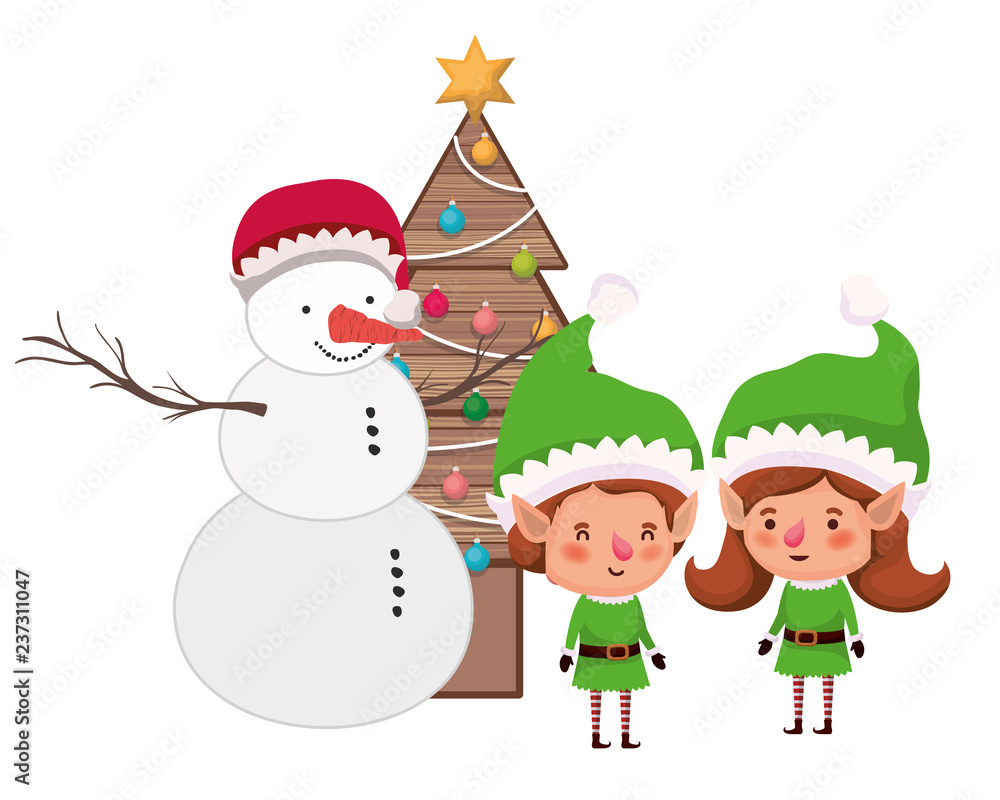 couple of elves with snowman and christmas tree couple of elves with snowman and christmas tree