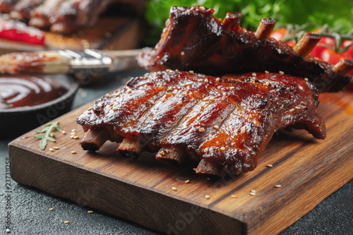 Quadro em tela Closeup of pork ribs grilled with BBQ sauce and caramelized in honey