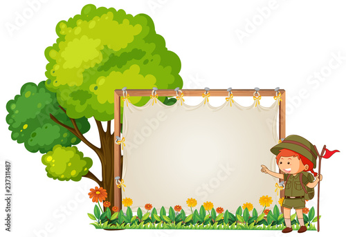 Camping boy on wooden banner