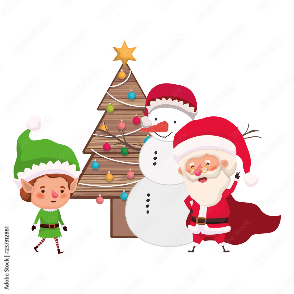 santa claus and elf with christmas tree and snowman