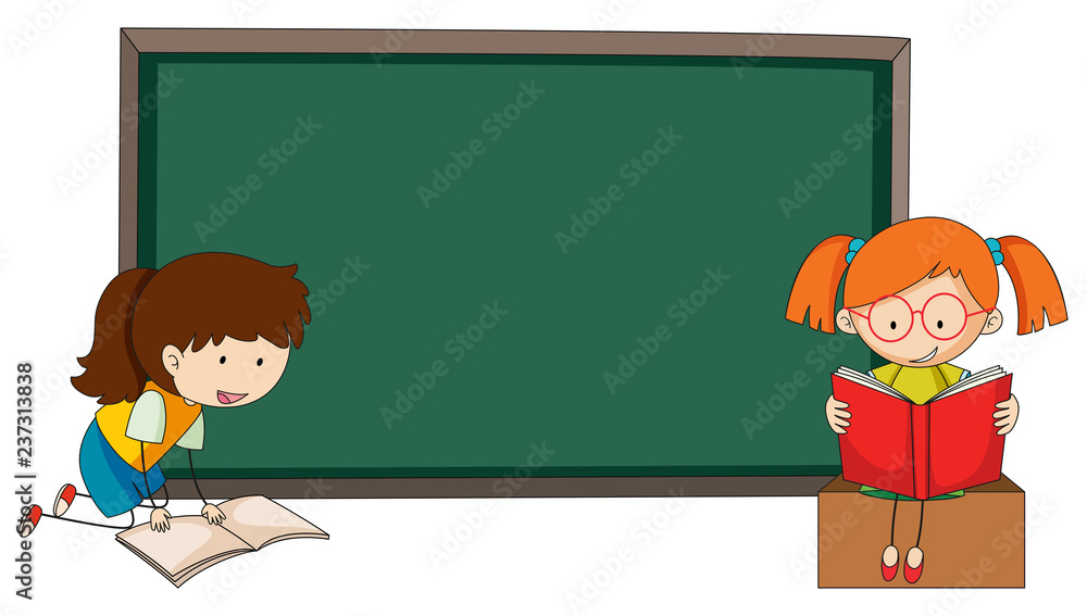 Doodle girls reading book on blackboard template Doodle girls reading book on blackboard template