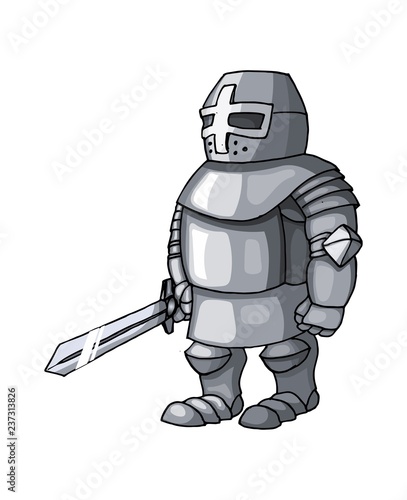 Cartoon cold steel medieval knight with broad sword isolated on white background