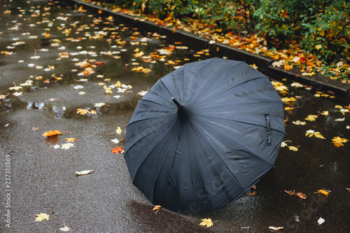 Black umbrella on autumn scene photo