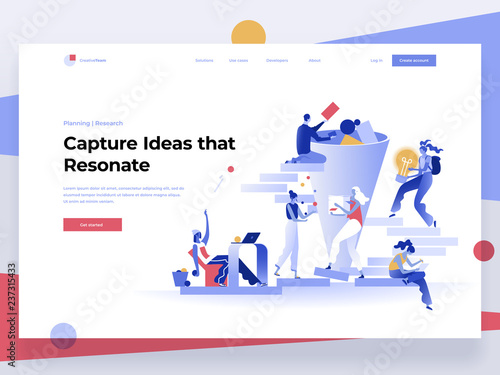 People work in a team and generate ideas while interacting with graphs and shapes. Data analysis and office situations. Flat vector illustration. Landing page template.