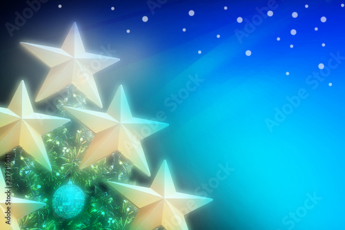 Abstract Artistic Blue Green turquoise gradient illustration background of golden stars on Christmas tree with soft blur image and white snow on Christmas holiday night.