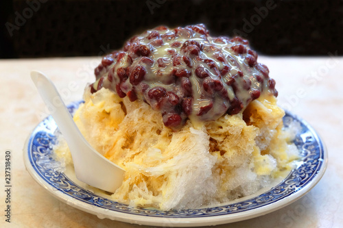Patbingsu - Korean shave ice with sweetened red beans topping.