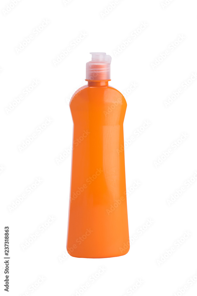 orange bottle with cleaning liquid, close-up, on white background orange bottle with cleaning liquid, close-up, on white background