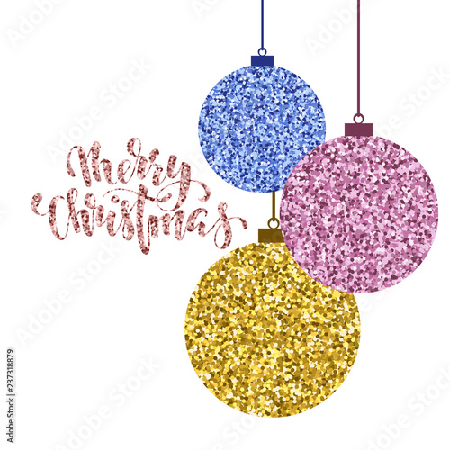 Hanging Christmas ball gold glitter. Hand drawn calligraphy Merry Christmas lettering. design holiday greeting cards and invitations of Merry Christmas and Happy New Year and seasonal holidays