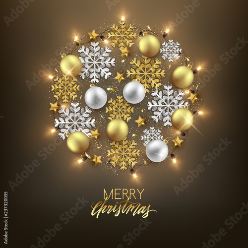 Merry Christmas Happy New Year decorative postcard, baubles and fir branches decoration background, vector illustration