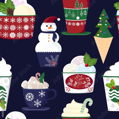 pattern of a set of colorful delicious cupcakes, cakes, desserts, ice cream with Christmas and new year decorations.flat style. Vector. elements for the new year, holiday cards, greeting cards