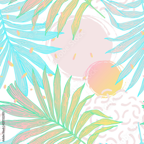 Hand drawn abstract tropical summer background: palm tree leaves, squiggles, dots in circle