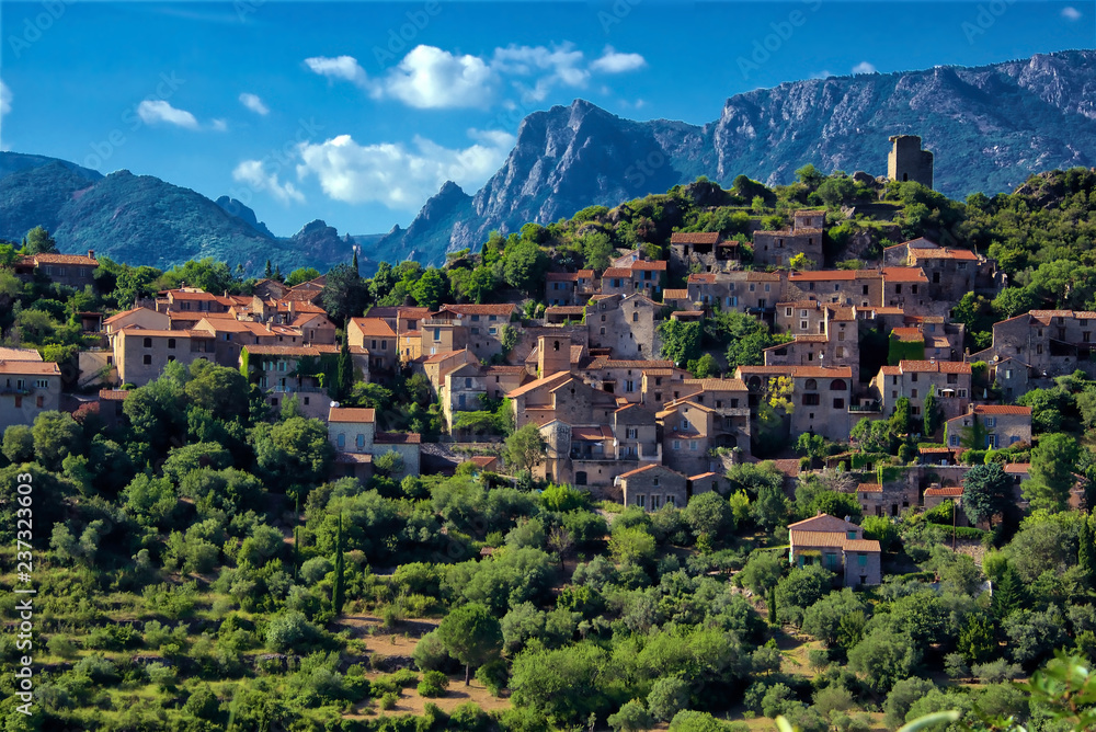Vineyards and mountains in the Saint Chinian wine region of the Languedoc, south of France