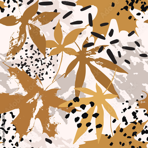 Vector drawing of falling leaves, ink doodle, grunge textures.