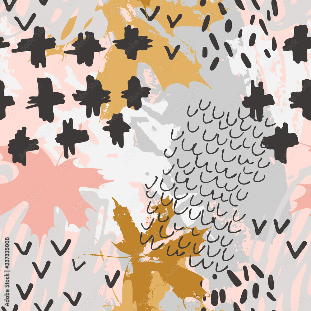 Autumn maple leaf and doodle seamless pattern. Autumn maple leaf and doodle seamless pattern.