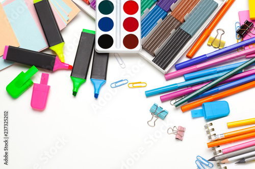 good preparation for school subjects. School accessories of color plasticine, multi-colored pencils