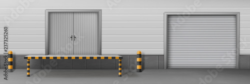 Self-storage business facility, delivery company warehouse, car service garage, commercial hangar 3d realistic vector with closed roll gates and loading, unloading ramp near entrance illustration