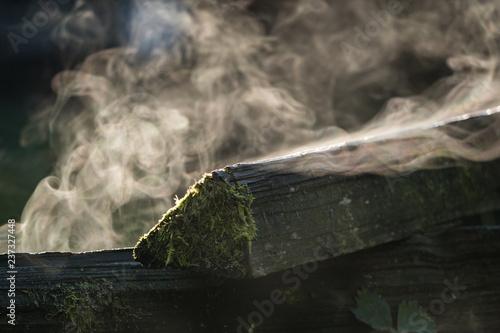 water vapour above the damp wooden fence covered in moss in cold morning