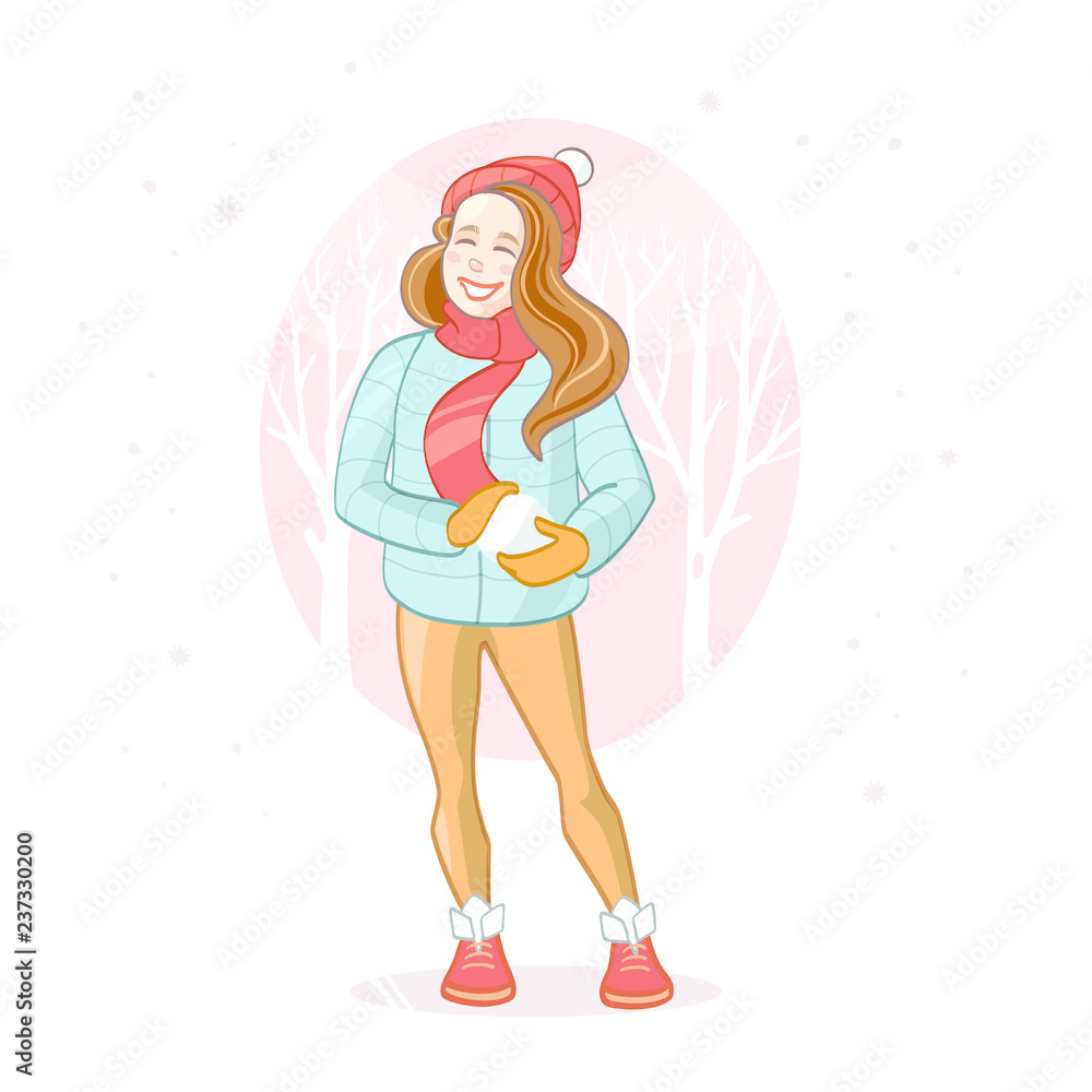 Illustration with winter characters on nature background. winter girl with snow in the winter outside. Illustration with winter characters on nature background. winter girl with snow in the winter outside.