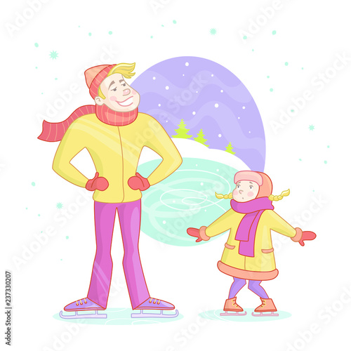 Illustration with winter characters on nature background. People play and ride in the new year. dad and daughter skate in the winter outside.