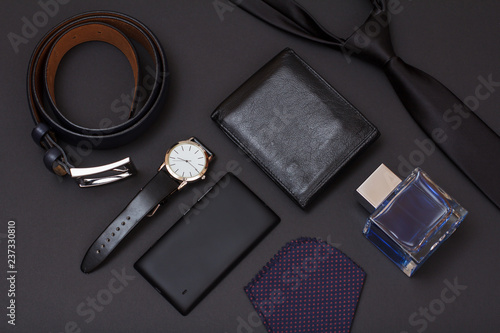 Set of men accessories in business style. Luxury businessman attributes.