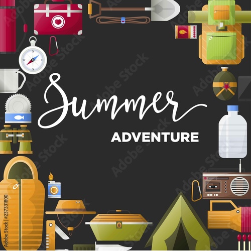Summer camp poster of forest and hiking camping tools.