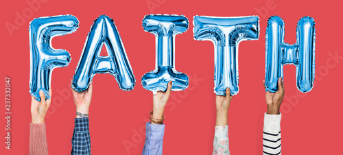 Photography Hands holding faith word in balloon letters
