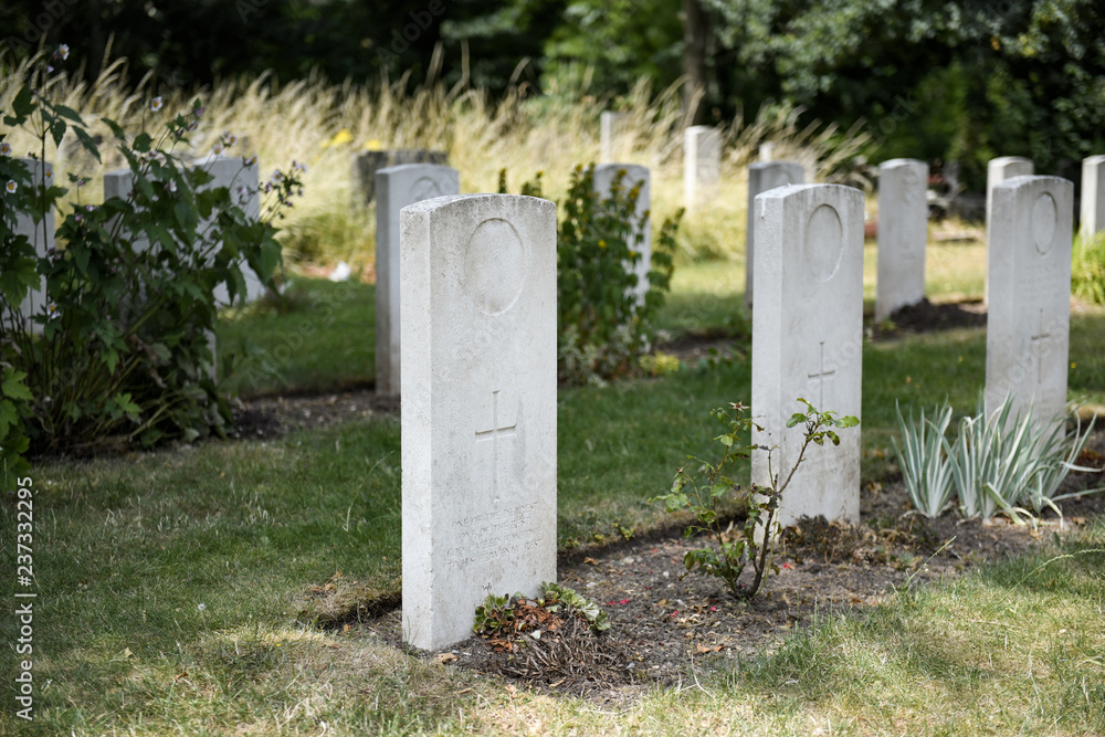 Lined up white gravestones at a cemetery