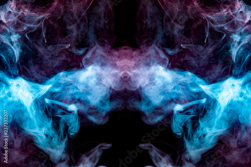 A multi-colored pattern of blue and pink smoke of a mystical shape in the form of a face and a ghost's head or a strange creature on a black isolated background. Abstract pattern in of waves and steam