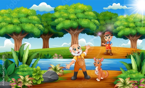 Cartoon happy old farmer and little farmer with dog in the park