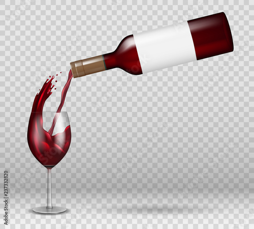 Transparent wine bottle and wineglass mockup with reflection. red wine liquid pouring down with splash in glass isolated. alcohol drink with drops Vector illustration.