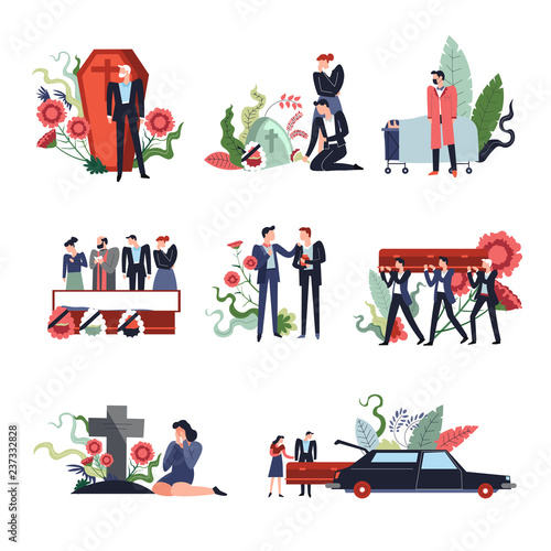 Funeral ceremony people sad grieving for deceased person in coffin