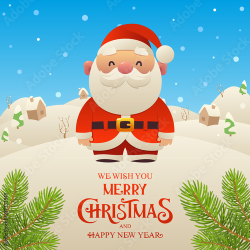 Cute cartoon Santa Claus character Merry Christmas and Happy New Year background