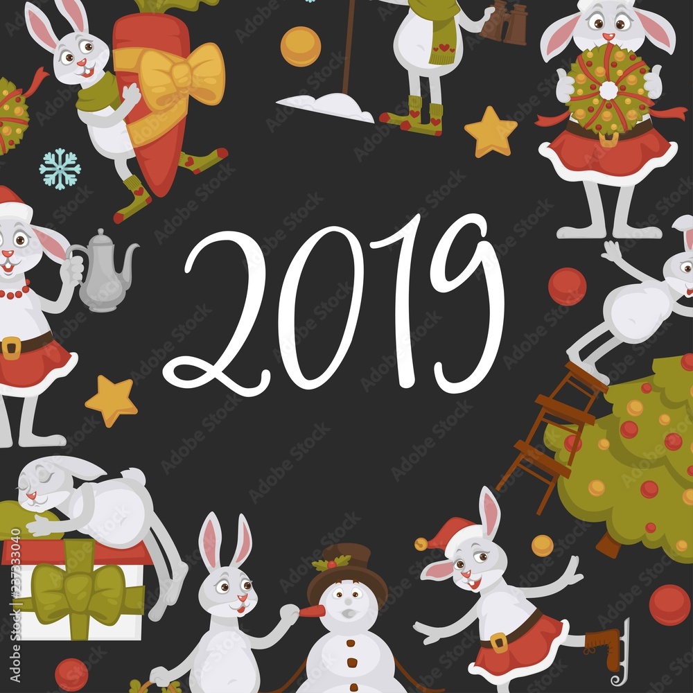 2019 New year celebration approaches, winter characters and symbols vector.