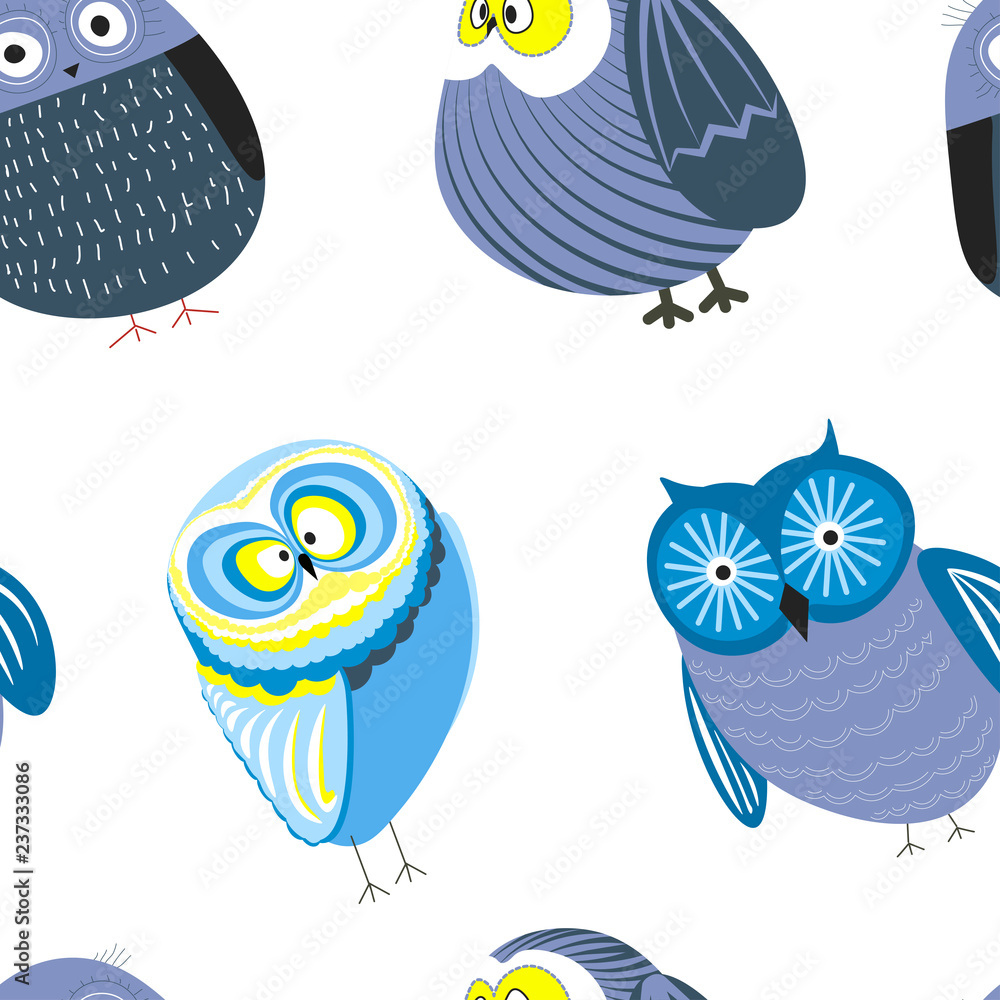 Fototapeta premium Owls cartoon kid funny characters with feather ornament seamless pattern.