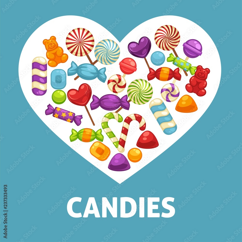 Candies and caramel sweets poster for confectionery or candy shop. Candies and caramel sweets poster for confectionery or candy shop.