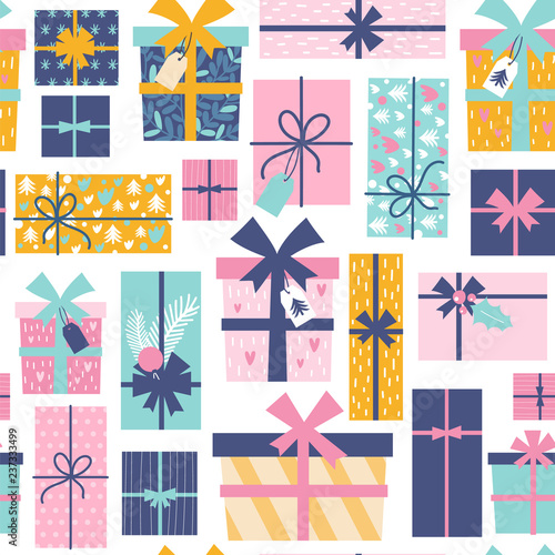 Seamless pattern with Christmas present boxes. Vector illustrations